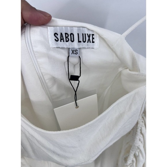 NWT Sabo Luxe Linen Alivia Dress Gathered Fitted Sleeves White Women's Size XS - Picture 9 of 14